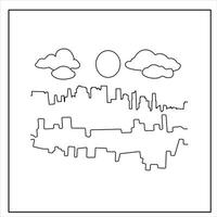 Line Art Cityscape with Tall Buildings, Sun, and Clouds on White Background vector
