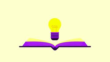Animation of a light bulb burning over an open book on a bright yellow background, symbolizing education, inspiration and knowledge. video