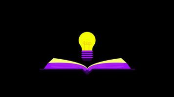Animation of a light bulb burning over an open book on a transparent background, symbolizing education, inspiration and knowledge. video