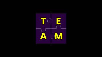 Illustration of the word TEAM spelled out on purple puzzle pieces, representing teamwork and collaboration on a transparent background. video