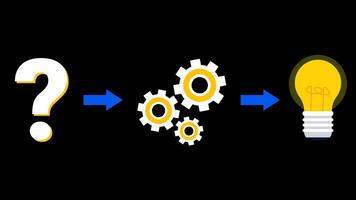 Question marks, gears and light bulbs reflecting the concepts of thinking, innovation and problem solving. Transparent background video