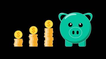 Animated illustration of a green piggy bank next to a pile of gold coins on a transparent background. Perfect for financial themes, savings concepts and money management visuals. video