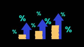 Animation featuring golden coin stacks with blue upward arrows and percentage symbols on a transparent background. A perfect representation of financial growth and success. video