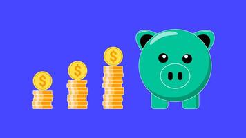 Animated illustration of a green piggy bank next to a pile of gold coins on a bright blue background. Perfect for financial themes, savings concepts and money management visuals. video