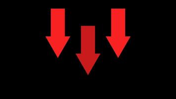 Animation of three red arrows pointing down on a transparent background. Ideal for illustrating downturns, warnings or negative trends in financial and business contexts. video