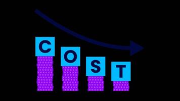 Cost reduction illustration with pile of coins and downward arrow on transparent background. Symbolizes cost reduction, efficiency and financial savings. video
