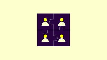 Purple puzzle pieces with yellow human icons showing teamwork, unity, and collaboration on a professional light background. video