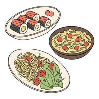 A set of plates with food and a bowl of noodles vector