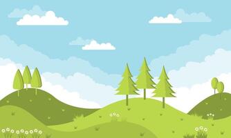 Green meadow with trees and flowers illustration in flat style vector