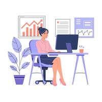 A Flat design illustration of a woman working at a desk, focused on a computer. vector