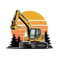 Illustration Of A Yellow Excavator, Set Against A Sunset Background With Stylized Clouds And Pine Trees. vector