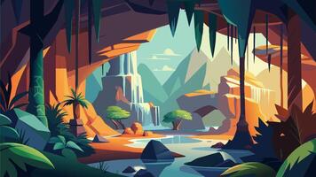 Mystical forest scene with a cascading waterfall and vibrant foliage vector