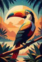 Tropical Paradise with a Vibrant Toucan Perched on a Branch vector