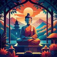 Serene Buddha Statue Meditating in a Tranquil Temple Setting vector