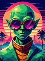 Futuristic Alien Character Wearing Sunglasses in Retro Style Setting vector