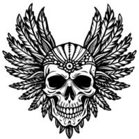 Monochrome Skull with Wings and Feathers Art Design vector