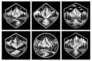 Elegant Badge Templates with Mountains and River in White on Dark Background vector