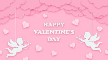 Greeting background in papercut style with pink banner, cupids, hearts, and clouds. Happy Valentines Day design for cards and posters. vector