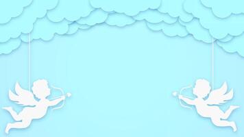 Blue banner with clouds, cupids, and hearts for happy valentines day. Holiday greeting card background with space for text or romantic decoration. vector