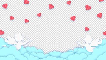 Blue banner with clouds, cupids, and hearts for happy valentines day. Holiday greeting card background with space for text or romantic decoration. vector