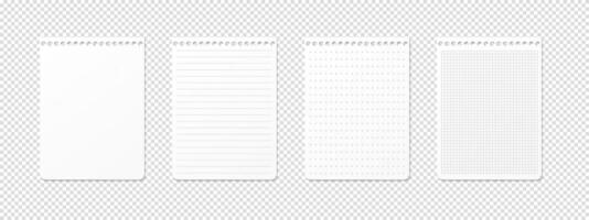 Realistic horizontal sheet for spiral notepad. Top view illustration with ruled, lined, gridded, checkered, dotted, and blank designs on a transparent background. vector