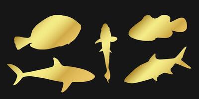 Set of golden fish icons featuring clownfish, sardine, goldfish, and surgeonfish on a black background. Elegant marine design perfect for logos, menus, or underwater themed concepts. vector