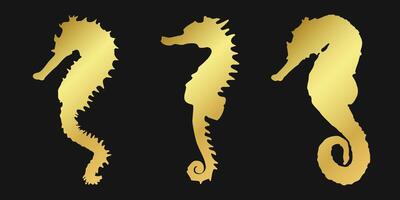 Set of golden seahorse icons on a black background. Elegant marine design ideal for logos, menus, or ocean themed concepts. vector