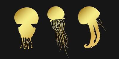Set of golden jellyfish icons on a black background. Elegant marine design ideal for logos, menus, or underwater themed concepts. vector