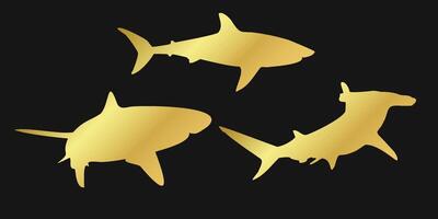 Set of golden shark icons on a black background. Elegant marine design suitable for logos, menus, or underwater themes. vector