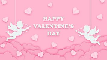 Happy Valentines Day background in papercut style. Pink banner with cupids, hearts, and paper clouds. Romantic design for greeting cards and posters. vector