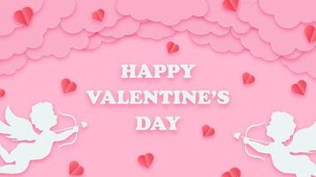Pink banner with paper clouds, hearts, and cupids in papercut style. Happy Valentines Day greeting background for cards or flyers. vector