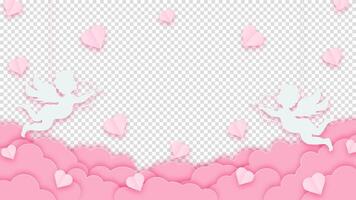 Happy Valentine's Day. Pink clouds and cupid with red hearts on a transparent background. Ideal for greeting cards and flyers. vector