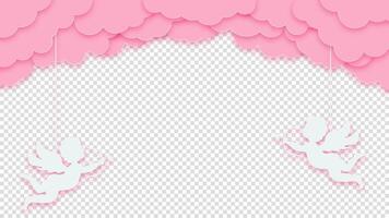 Cupid and red hearts with pink clouds on a transparent background. Romantic design for Valentine's Day cards and posters. vector