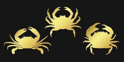 Set of golden crab icons on a black background. Elegant marine design ideal for logos, menus, or underwater themed concepts. vector