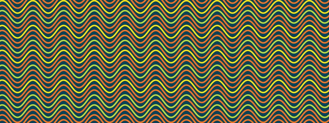 Abstract backdrop of colored wavy lines. Curved horizontal psychedelic stripes. Optical illusion of motion and flow. Retro illustration in orange, green and yellow on dark background