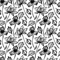 Elegant seamless floral pattern featuring hand drawn botanical elements in black and white linear style, ideal for packaging, textiles, wallpaper, covers, and artistic prints vector