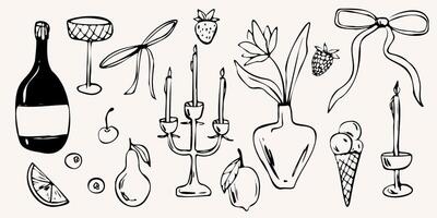 hand drawn illustration. wine bottles, fruits, candles, and decorative elements in a minimalist sketch style. The monochrome outline for branding, packaging, invitations, cards, digital media vector
