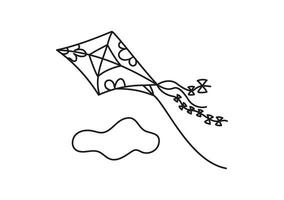 Kite with pattern, ribbons, flying in clouds. Hand drawn icon, doodle. Line drawing, sketch, isolated background. vector