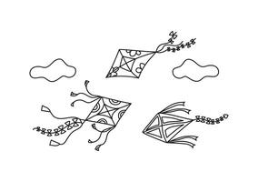 Kite flying in the sky, clouds. Hand drawn icon, doodle. Set linear drawing, sketch on white isolated background. vector