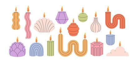 Decorative aromatic candles various shapes and colors. Burning scented candles, home interior and aromatherapy. vector