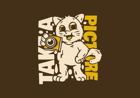 Standing cat character holding a camera illustration design. Take a picture. dark background vector