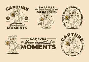 Capture your beautiful moment. Mascot character of a standing cat holding a a pocket camera vector