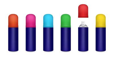 3d Realistic Aluminum Blank Spray Can Set Isolated on white background. Design Template, Sprayer Can, Mockup, Package, Advertising, Hairspray, Deodorant and etc. vector
