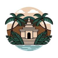An illustration of a temple and palm trees vector