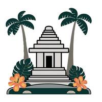 An illustration of a temple with palm trees and flowers vector