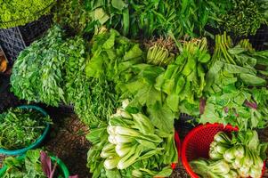 Various vegetables and herbs on the market in baskets. photo