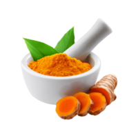 Top view of turmeric powder mortar and pestle on transparent background png