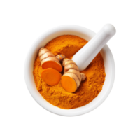 Top view of fresh turmeric powder mortar and pestle on transparent background png