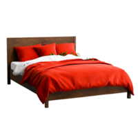 Cozy Bedroom with Bright Red Bedding and Wooden Bed Frame Design png