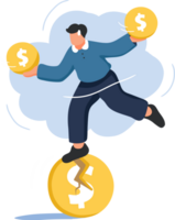 Business and Finance Money Balancing Illustration. A Person Skillfully Balancing on Oversized Coins While Holding Coins. png